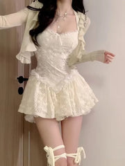 Lunivop  Fashion Sweet Ruffles Long Sleeve Cardigan Tops+ Y2k Slim Waist Lace Halter Vest Dress for Women Summer New Two Piece Sets