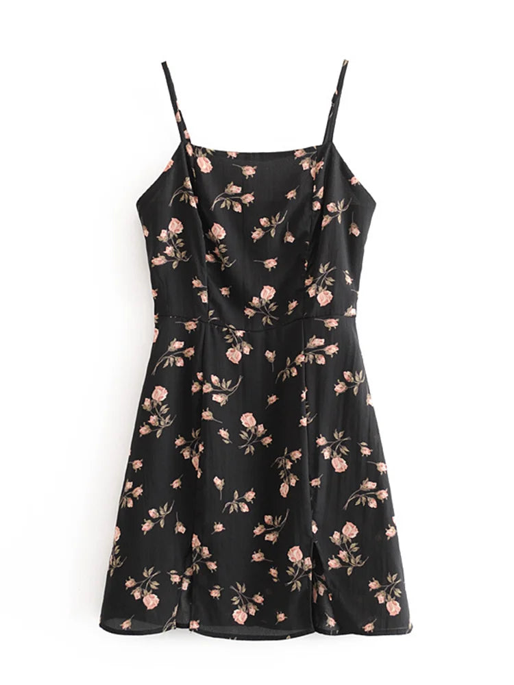 Lunivop  Retro French style Black Rose Floral Print Hem Double Slit Mini Sling Dress Sexy Women Holiday Robe Vestidos