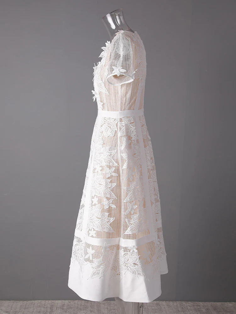 Lunivop Fashion Women Dress Short Sleeve Round Neck Lace Patchwork Female Elegant Dresses New Tide