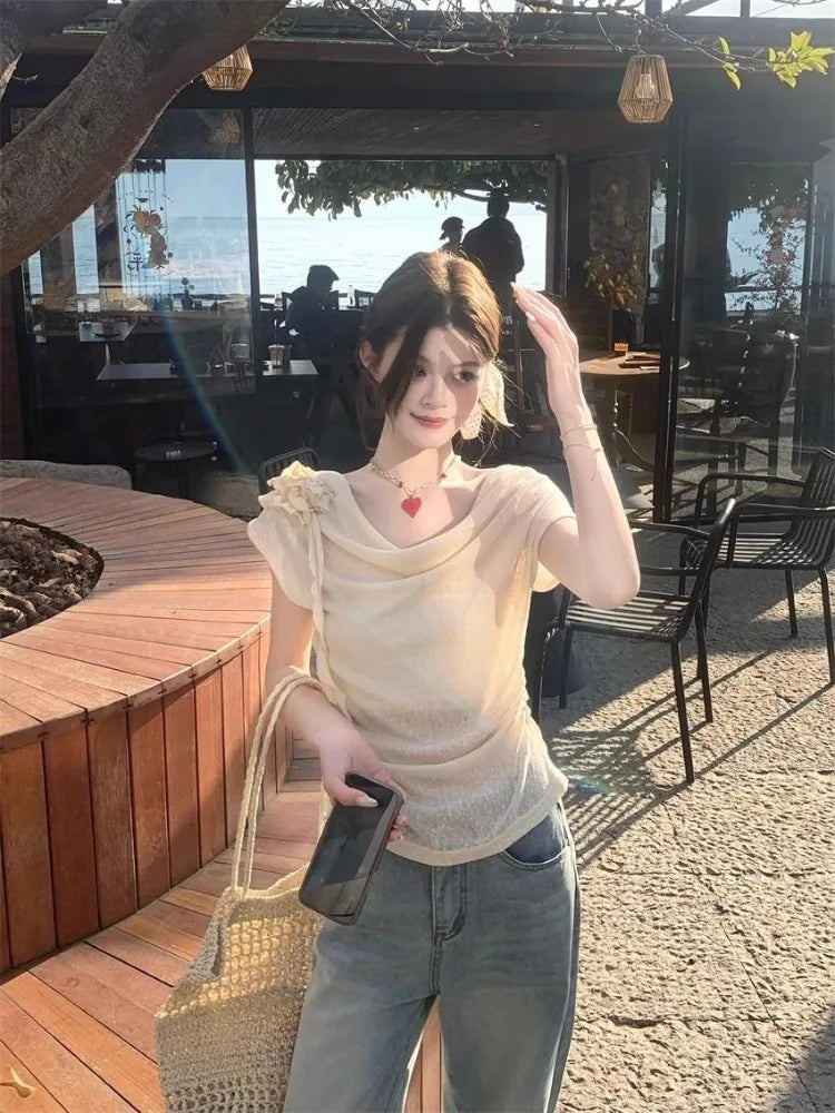 Lunivop  Fashion T Shirts Women Flowers Swinging Collar Short Sleeve Summer Fashion Sweet Elegant Tops Female Casual Tshirt