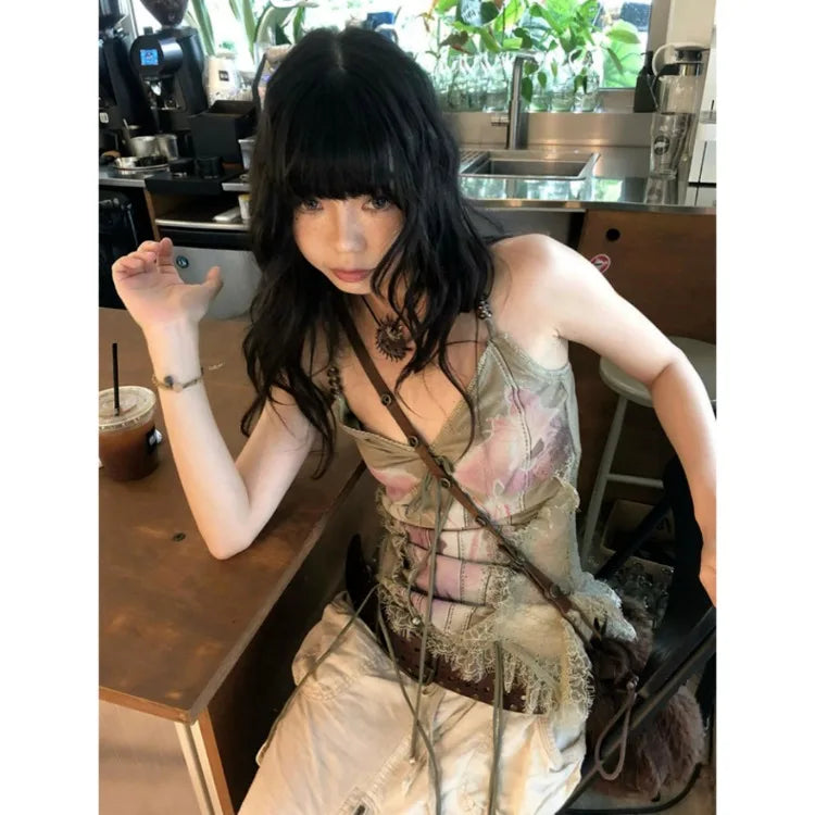 Lunivop  Gothic Tank Tops Women Sleeveless Tie Dye Y2k Vintage Crop Tops Streetwear 2000s Japanese Lace Up Camis E-girls Summer