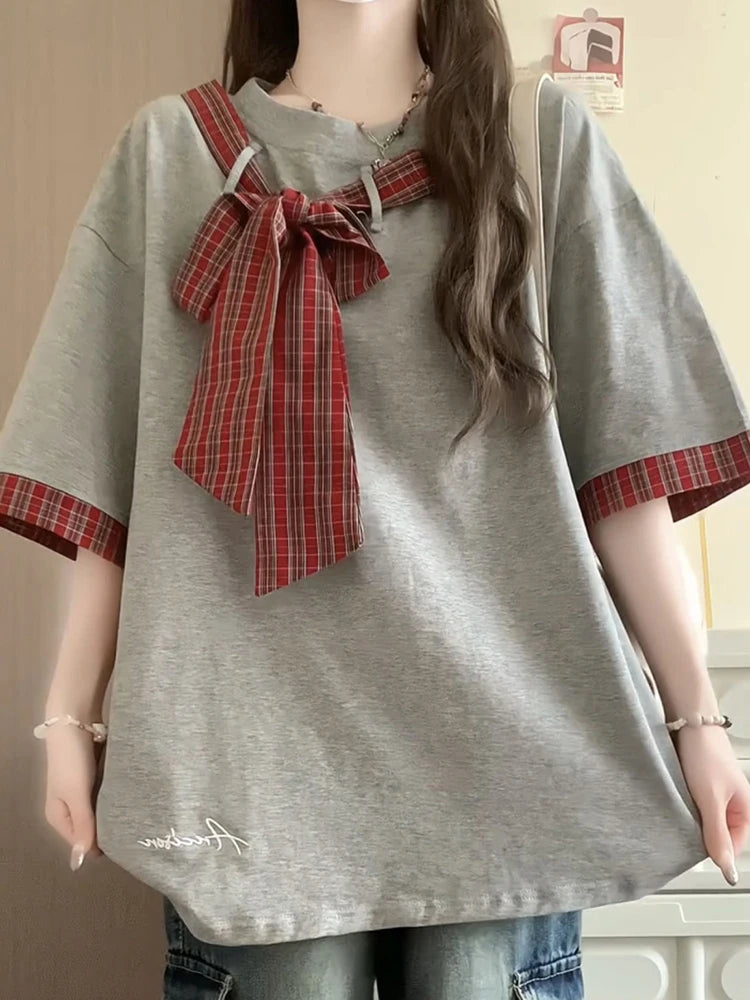Lunivop  Pure Cotton Cute Bow T Shirts Women Vintage Preppy Style Plaid Patchwork Tees Casual Loose Letter Japan Kawaii Lace Up Tops