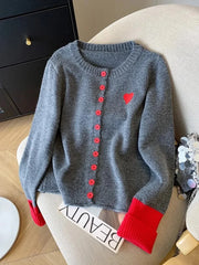 Lunivop Vintage Love Print Cardigan Women Lazy Wind Patchwork Long Sleeve Knitted Sweaters Casual O Neck Fall Retro Korean Female Tops