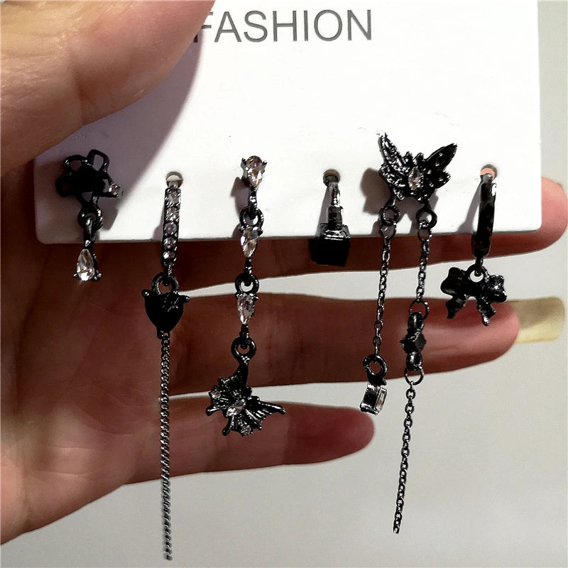 Lunivop 6PCS SET Goth Black Butterfly Crystal Tassel Chain Pendant Earring For Women Vintage Aesthetic Trendy Y2K Jewelry Gift Brincos