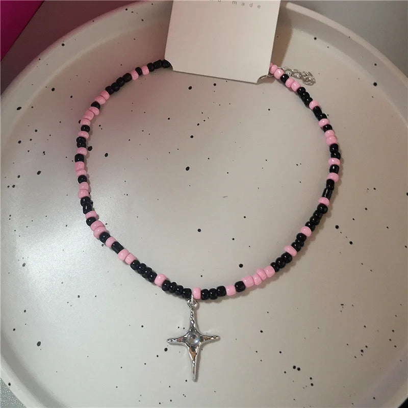 Lunivop Dopamine Pink Pendant Black Beaded Necklace For Women Sweet Cute Heart Flower Star Neck Chain Y2K Fashion Jewelry