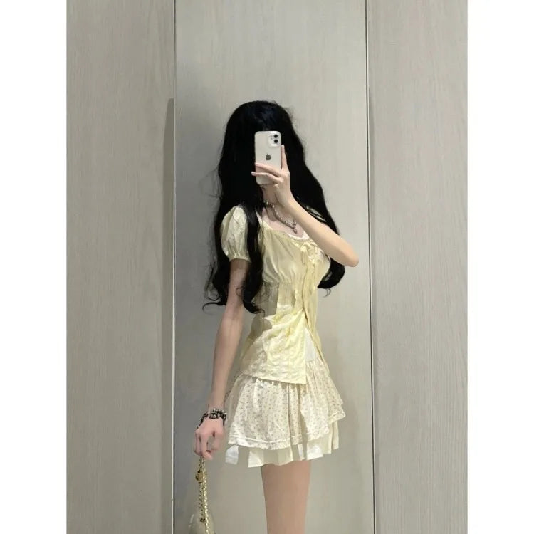 Lunivop  Puff Sleeve Fake Two Piece Patchwork Shirts Women+ Fashion Sweet Floral Ruched Cake Skirts 2025 Summer New Two Piece Sets