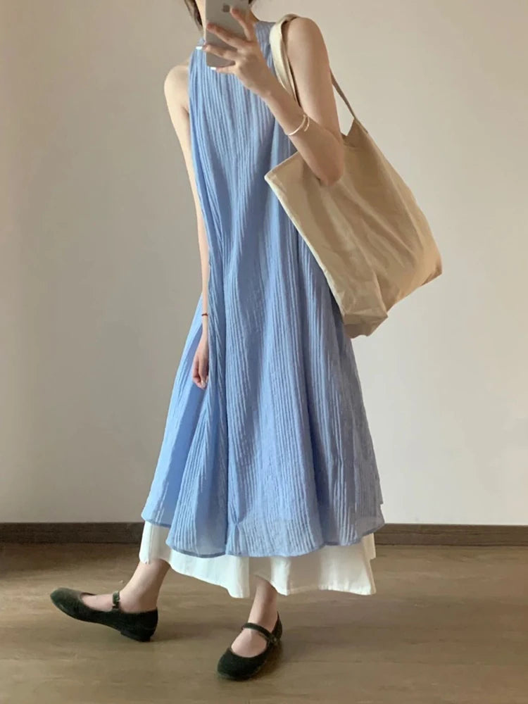 Lunivop  Women Beach Sweet Long Skirt Casual Loose O Neck Elegant Patchwork Dress Vintage Korean Summer Design Lady Retro Blue Dress