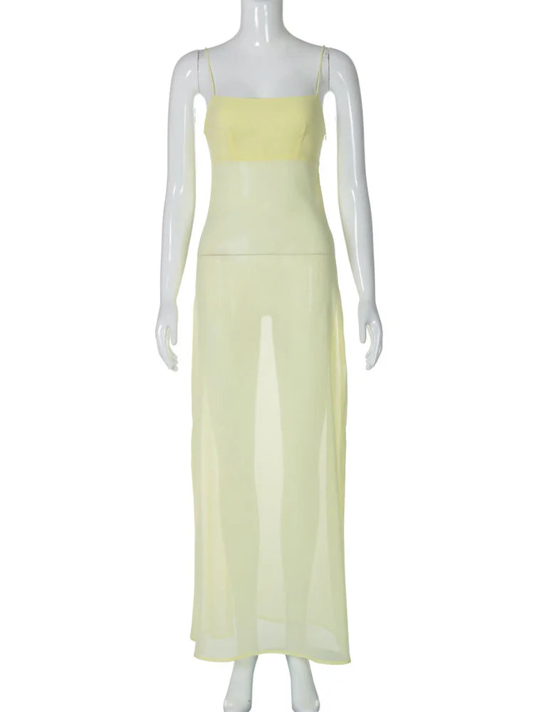 Lunivop Summer Mesh Slim Halter Dresses For Women See-Through Backless Square Collar Elegant Patchwork Dress Female Long Dress New