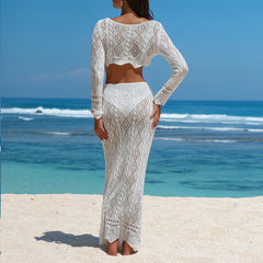 Lunivop  New Style Long Sleeve Top Texture Long Skirt Suit Knitted Hollow Out Beachwear Cover Up Women's Beach Holiday Sunscreen Smock
