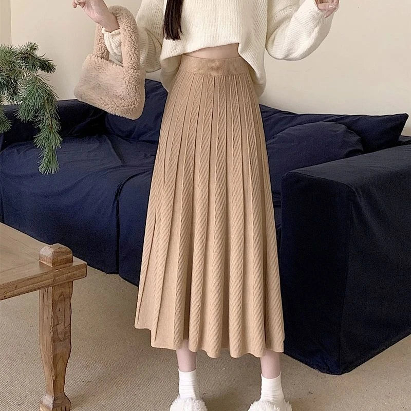 Lunivop Korean Style Pleated Skirt Women Grey Elegant Sweet Knitted Skirt Preppy Style Autumn Winter Casual Solid Long Skirts