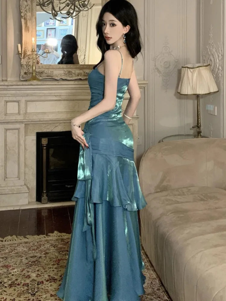 Lunivop  Elegant Solid Party Dress for Women Sexy Spaghetti Strap Sleeveless Evening Dresses Summer Spring Slim Waist Vestidos Long Robe