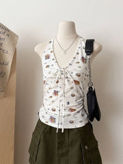 Lunivop  Pure Desire Sweet Spice Girls Print Vest Halter Sling New Fresh Unique Tees Lace Up Sexy Ruched All-match Sweet Women Top
