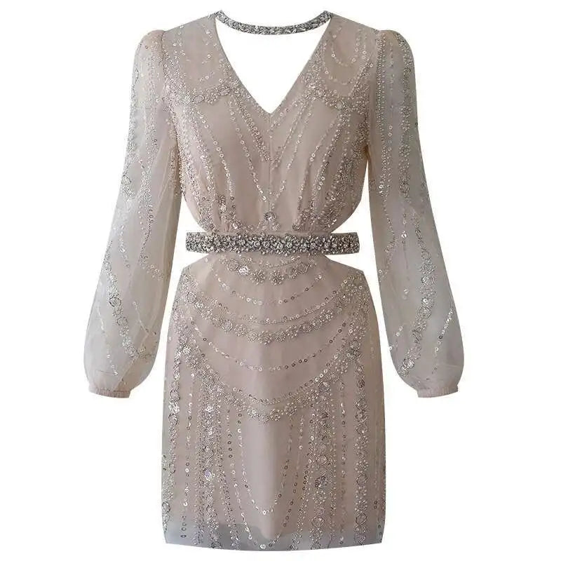 Lunivop  2025 Spring New Bead Sequin Embellishment Glamorous Women Dress V - Neck Long Puff Sleeve Short Dresses Female