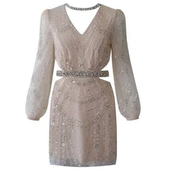 Lunivop  2025 Spring New Bead Sequin Embellishment Glamorous Women Dress V - Neck Long Puff Sleeve Short Dresses Female