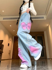 Lunivop  American Vintage Butterfly Embroidered Jeans for Women Spring Autumn New Straight Denim Pants High Waist Wide Leg Pants