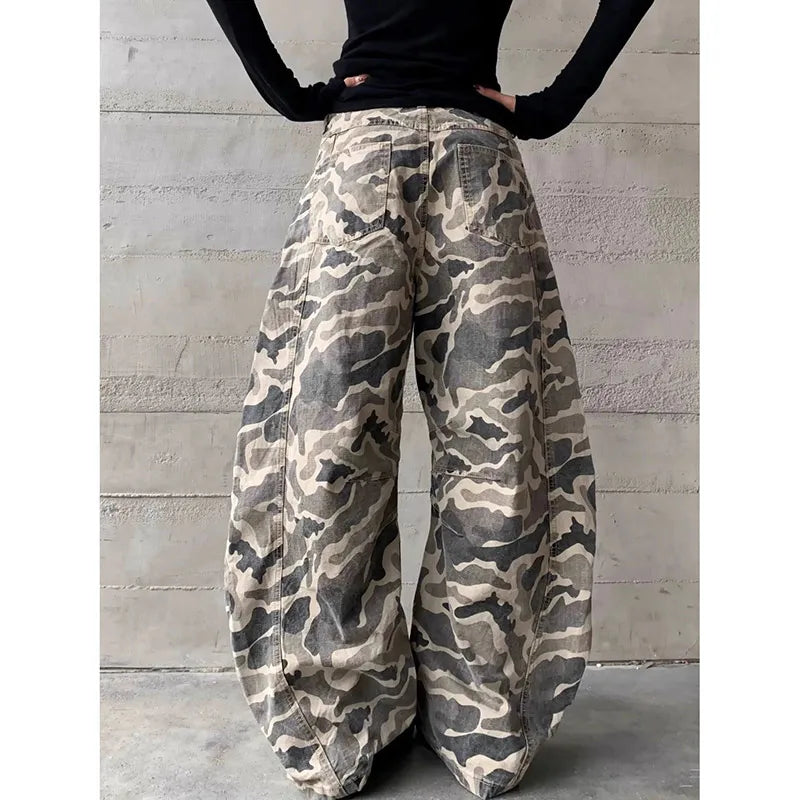 Lunivop Autumn Winter New Low Rise Jeans Y2k Ladies American High Street Baggy Pants Woman Camouflage Drawstring Mop Jeans for Women