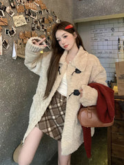 Lunivop Retro Sweet Faux Lamb Coat Women Loose Preppy Style Sweet Long Sleeve Warm Jacket Korean Vintage Casual Pockets Winter Tops