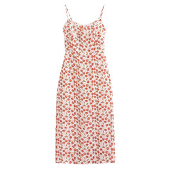 Lunivop  Retro French style Summer Cherry Print Corset Style Midi Sling Dress Sexy Women Spliced Lace V neck Back Slit Long Robe