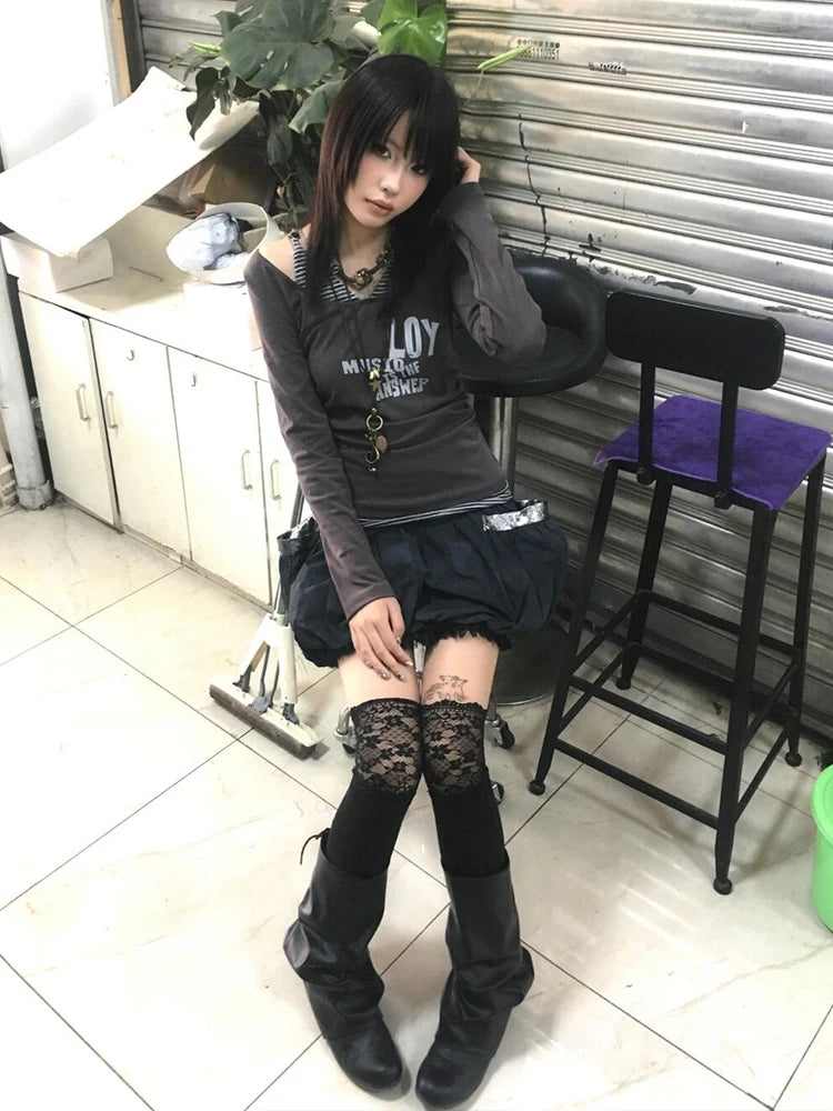 Lunivop Y2k Japanese T Shirt Women Patchwork Fake Two Pieces Tops Streetwear Vintage Grunge Graphic Tops Autumn American Retro