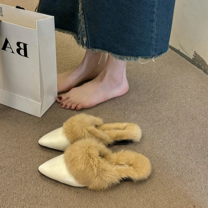 Lunivop New Winter Warm Fur Plush Women Slippers Fashion Furry Plaid Shoes Pointed Toe Flat Heel Hair Slides Zapatos De Mujer