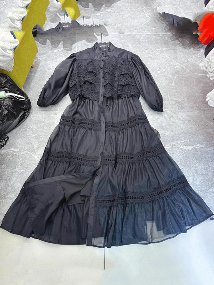Lunivop Soliod Lace Splice Dresses Women's Round Neck Half Sleeve Single Breasted High Waist Elegant Dress Summer 2025 New