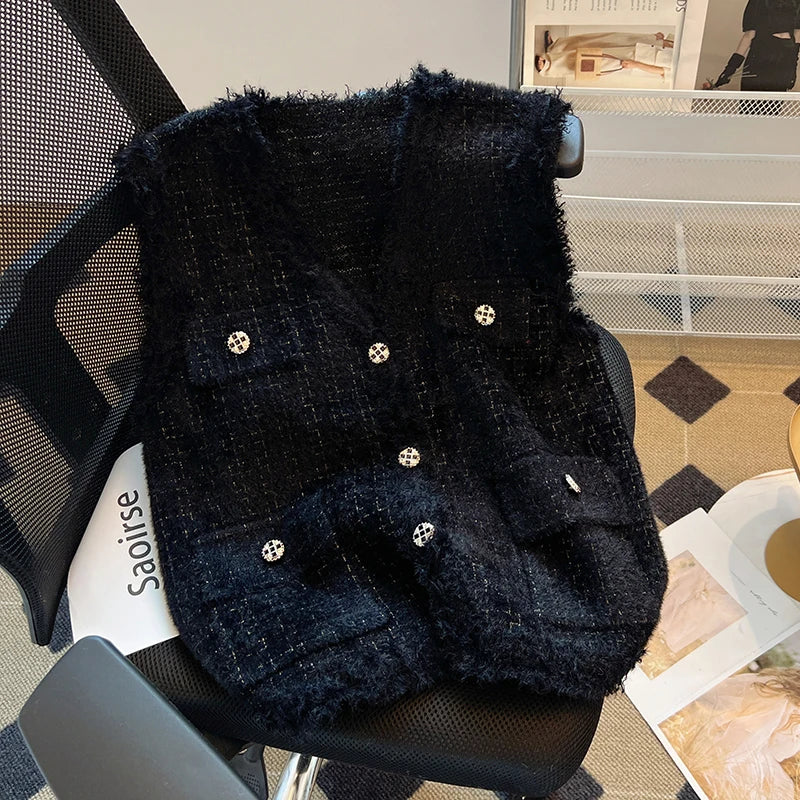 Lunivop Glittery Knit Ves for Women Soft Fuzzy Button-Down Pocket Sleeveless Plaid Jacket Coat Fall Winter Luxury Outfit