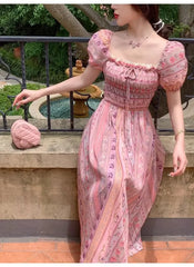 Lunivop  Elegant Vintage Floral Midi Dress Women Sweet Puff Sleeve Korean Slim Fairy Dress Female Summer Casual Evening Party Dress
