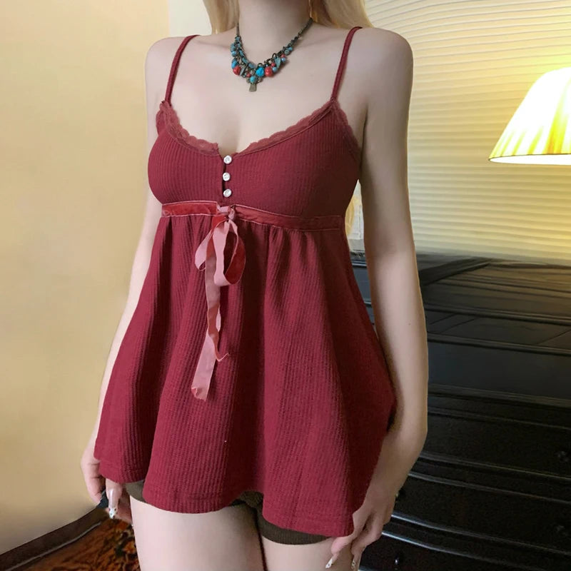 Lunivop  Cute Coquette Bandage Bow Tees Women Summer Casual Fashion Loose A-line Camis Vintage y2k Crop Top Retro Aesthetic Vest