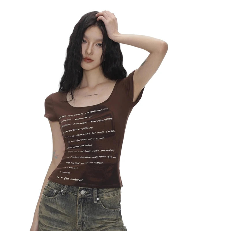 Lunivop Summer Women Retro Sweet Spicy Skinny Tops Lady Bean Green Casual T-Shirts Girls Letter Portrait Print Short Sleeve Clothes