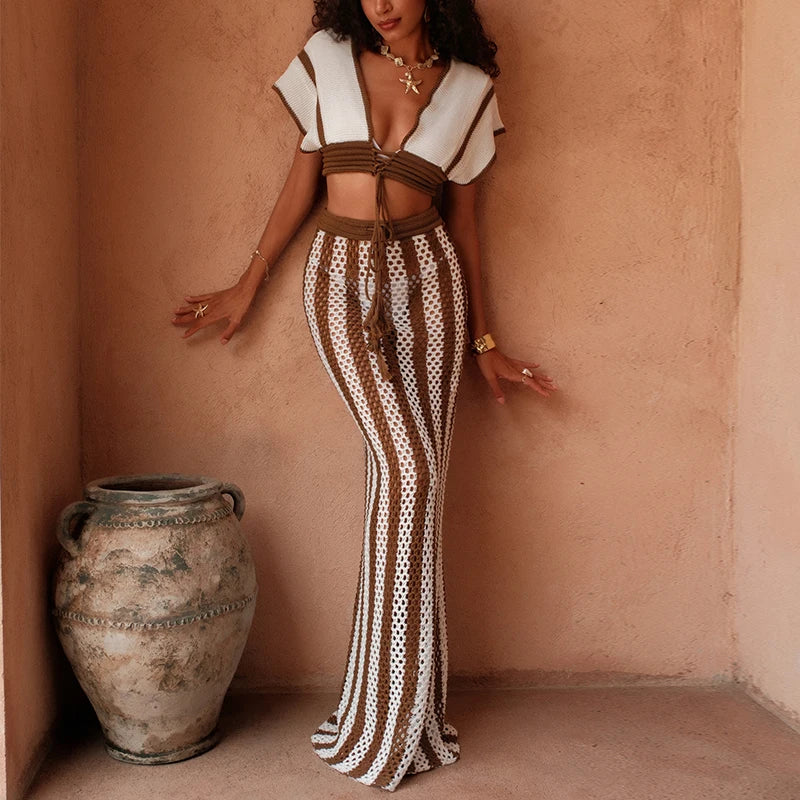 Lunivop  Fashion Style Brown and White Stripe Tie Up Top Long Skirt Suit Knitting See-Through Beach Vacation Swimsuit Cover Up
