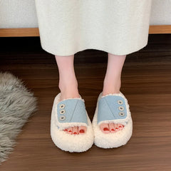 Lunivop Chunky Platform Fur Slippers Women Autumn Thick Bottom Designer Denim Furry Outdoor Slippers Woman Non-slip Short Plush Slides