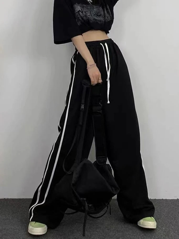 Lunivop  Streetwear Loose Striped Black Trousers Women High Waist Casual Sweatpants Korean Preppy Style Student Chic Wide Leg Pants