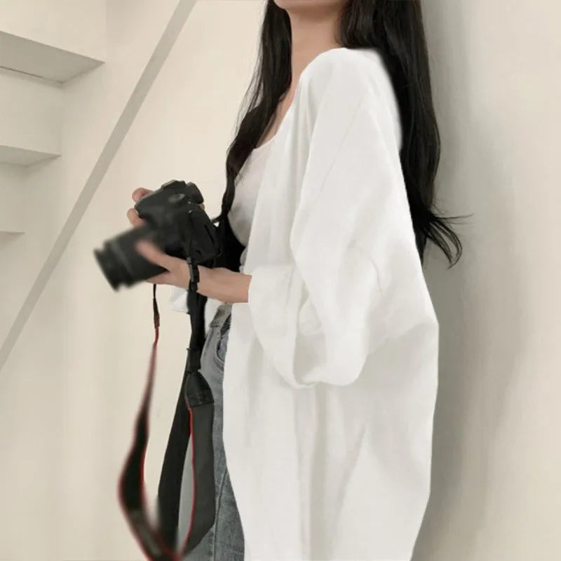 Lunivop Summer Korean Version Loose Fit Women's Long Cardigan Summer Solid Color Breathable Thin Windbreaker Sunscreen Clothing