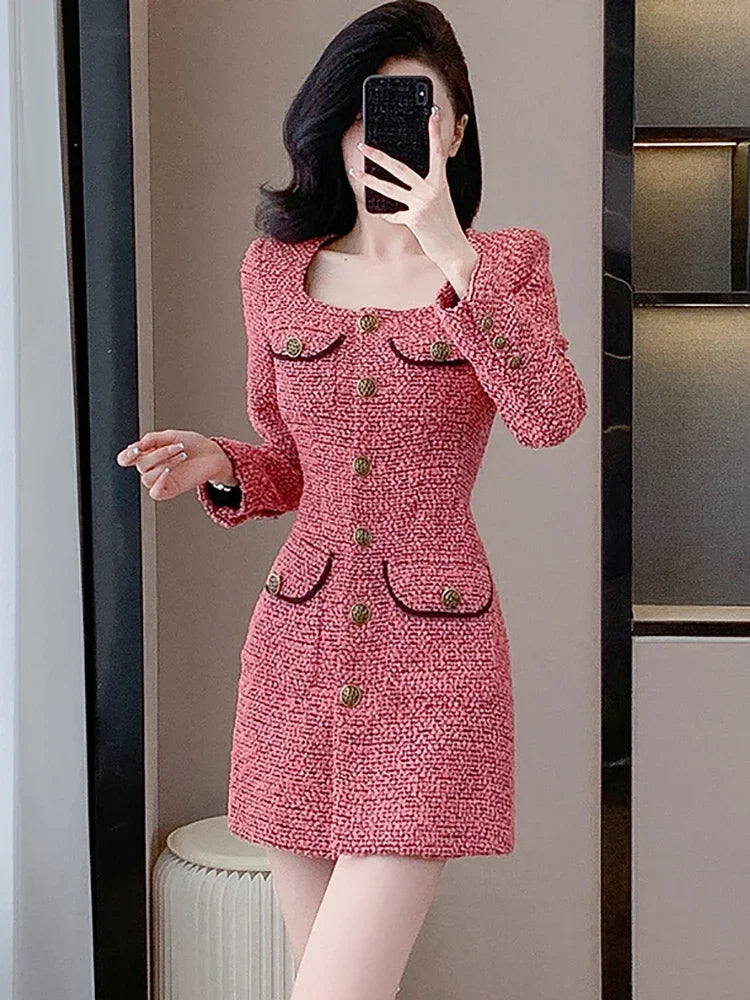 Lunivop  Women Pink Tweed Thick Warm Mini Dress Autumn Winter Long Sleeve Square Collar Dress Korean Elegant Bodycon Birthday Dress