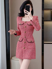 Lunivop  Women Pink Tweed Thick Warm Mini Dress Autumn Winter Long Sleeve Square Collar Dress Korean Elegant Bodycon Birthday Dress