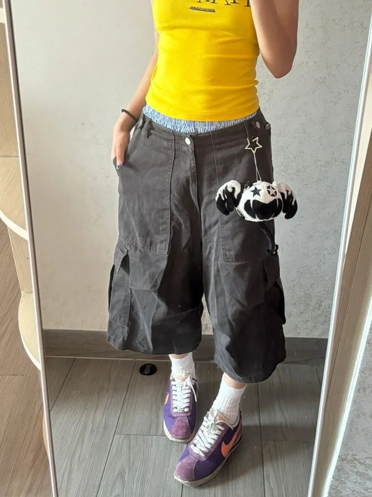 Lunivop  American High Street Shorts for Women Summer Multiple Pockets Vintage Calf- Length Pants All-match Loose Wide Leg Pants