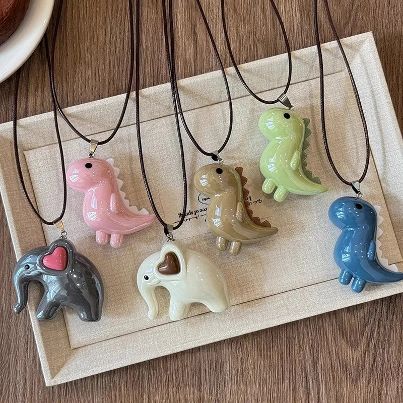 Lunivop Sweet Cute Elephant Dinosaur Pendant Necklace for Women Men Fashion Long Rope Chain Necklace Vintage Y2K Jewelry Accessories