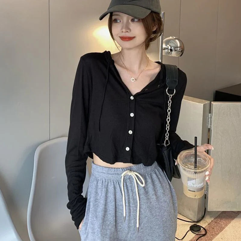 Lunivop Rimocy Summer Knitted Hooded Cardigan Women Korean Streetwear Single Breasted Crop Tops Woman Solid Long Sleeve Knitwear Top