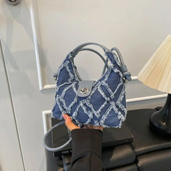 Lunivop  Solid Color Quilting Tote Bag Women Denim Large Capacity Lock Shoulder Bag Ladies Harajuku Short Tassel Hand Carry Crossbody Bag