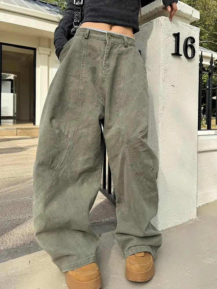 Lunivop Y2K Vintage Wash Women Cargo Jeans Harajuku Scimitar Wide Leg American Retro Denim Pants Baggy Trousers Gyaru Streetwear
