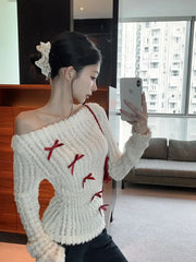 Lunivop Sweet Bow Knitted Pullover Women Off Shoulder Sexy Long Sleeve Sweaters Korean Style Kawaii Autumn Winter Pullovers