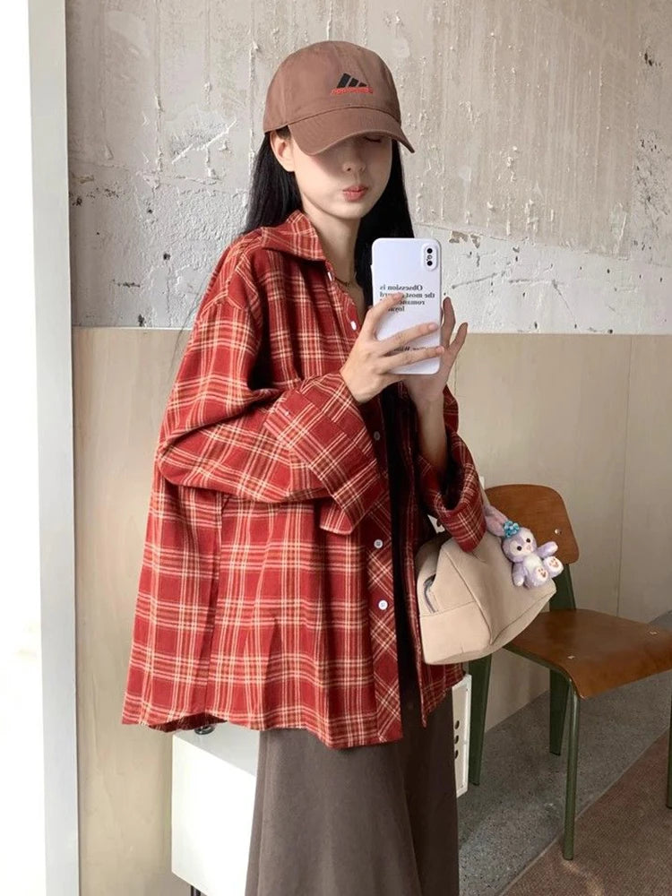 Lunivop American Y2K Plaid Shirt Women Loose Streetwear Long Sleeve Vintage Blouse Casual Oversize All Match Female Spring Tops New