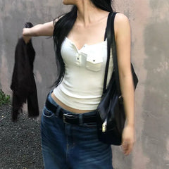 Lunivop  Solid Skinny Cargo Pocket Crop Top Sexy See Through White Camisole Women Basic Summer Strap Tees y2k Streetwear Clothing