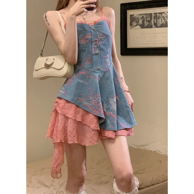 Lunivop  Chic Fashion Women Harajuku Irregular Patchwork Denim Camisole Dresses Summer New Contrast Colar Mini