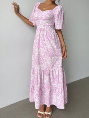 Lunivop  Pink Ditsy Floral Short Sleeve Maxi Dress For Summer Beach Vacation Festival