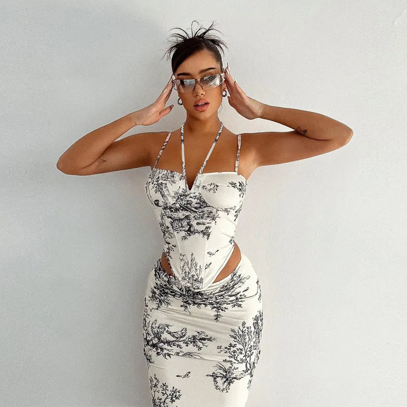 Lunivop Tie Dye Floral Print Halter High Waist Corset Crop Top Tube Skirts Women'S Sets Summer Evening Casual Party Club Clothes