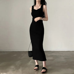 Lunivop  Korean Fashion Slim Summer Dresses Woman Casual Square Collar Sleeveless Long Dress Female Black Elegant Party Dresses