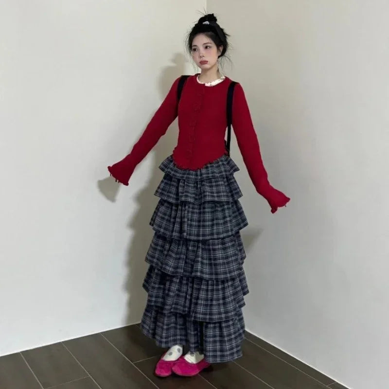 Lunivop Vintage Ruffle Plaid Skirt Women Elegant Sweet Long Skirts Japanese Style Streetwear Fashion Patchwork Layered Skirt