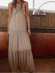 Lunivop  Elegant Halter Striped Women's Long Dress Chic Double-layer Pleated Sleeveless Loose Vestidos Lady Summer Daily Street Wear