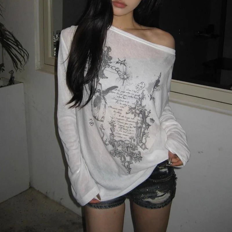 Lunivop Korean Fashion Graphic Tees Women Transparent Vintage Gothic T Shirt Long Sleeve Loose Punk T-shirt Streetwear Tops